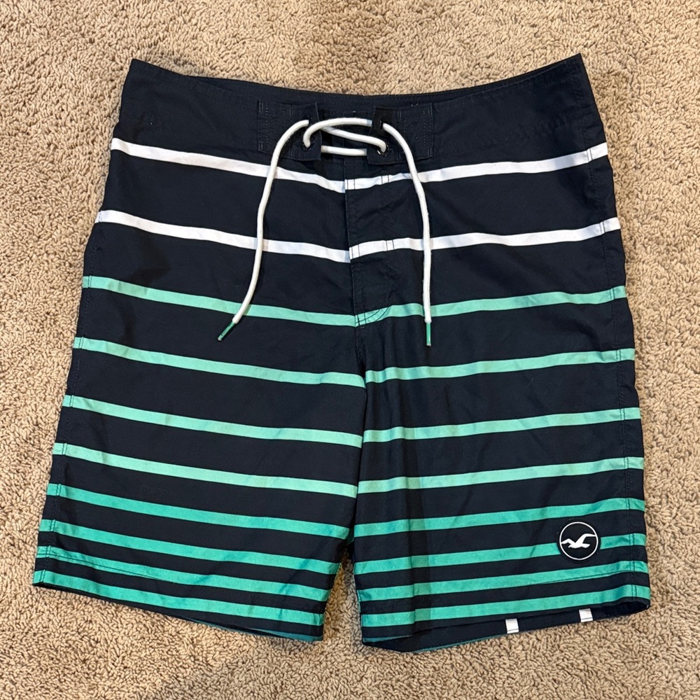Men's Navy Green White Striped Hollister Swim Shorts Size 32